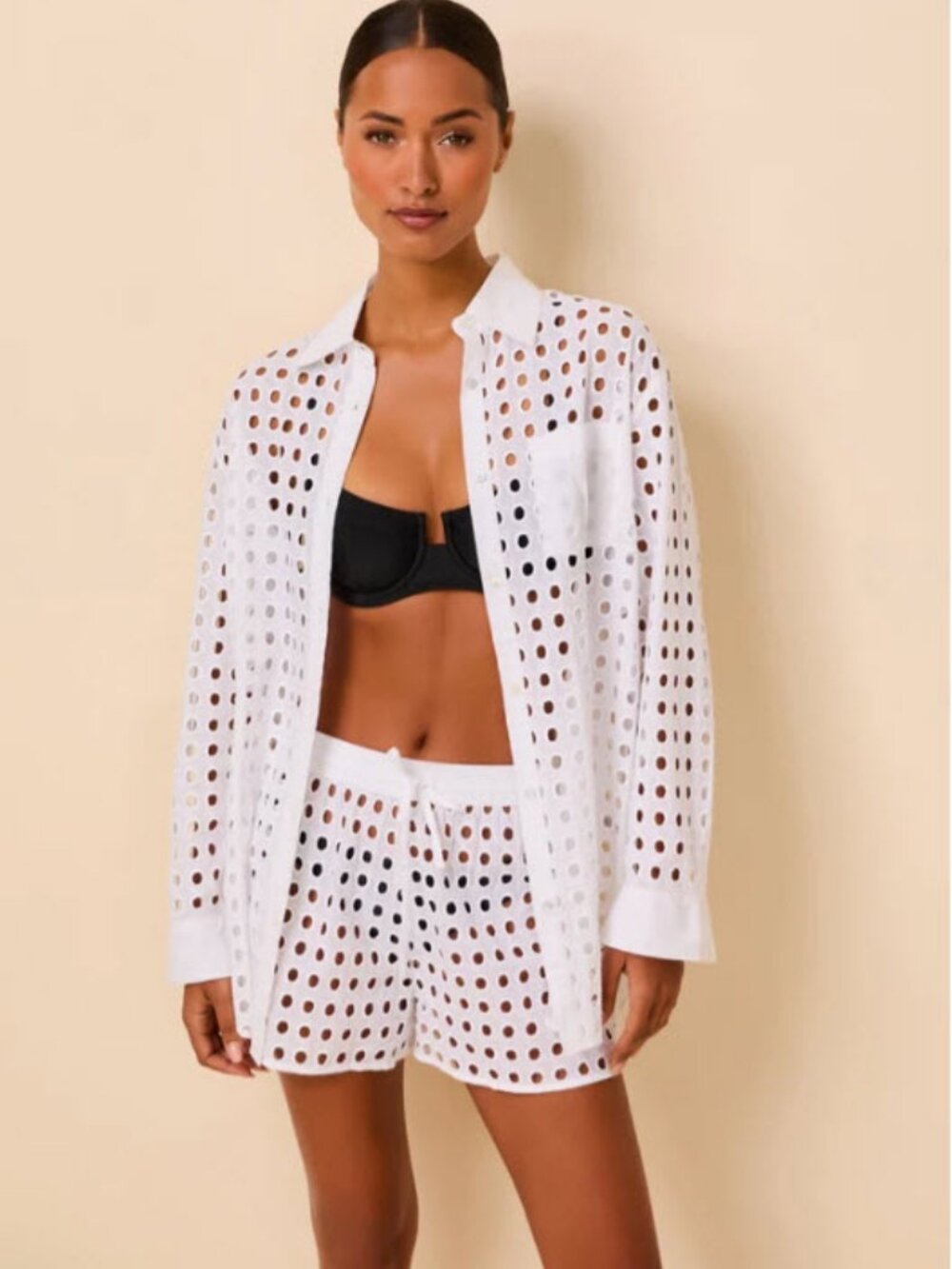Women Solid & Striped White (Item-143) 2 Pc Set Oxford Tunic Eyelet Top Short XS